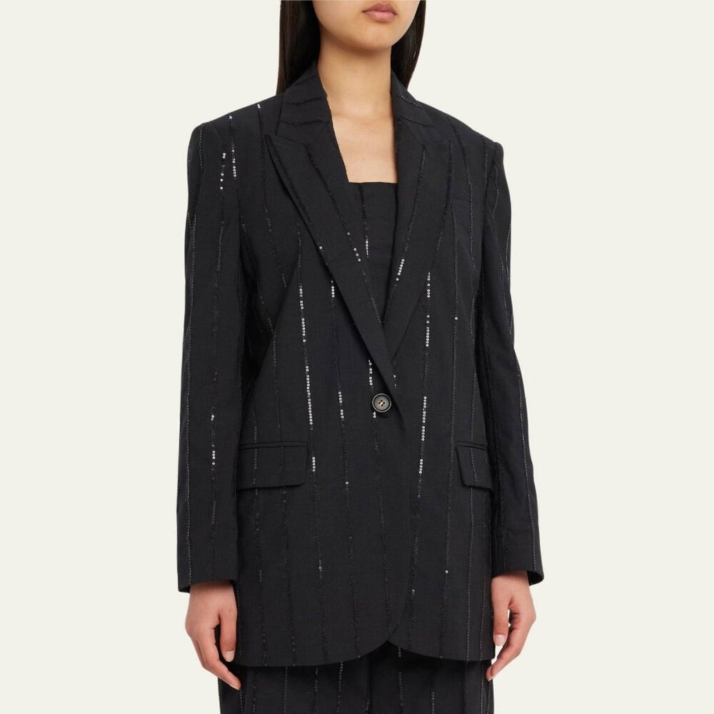 Brunello Cucinelli AW23 Anthracite Wool-Blend Sequin-Stripe Blazer